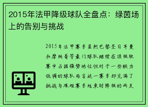 2015年法甲降级球队全盘点：绿茵场上的告别与挑战