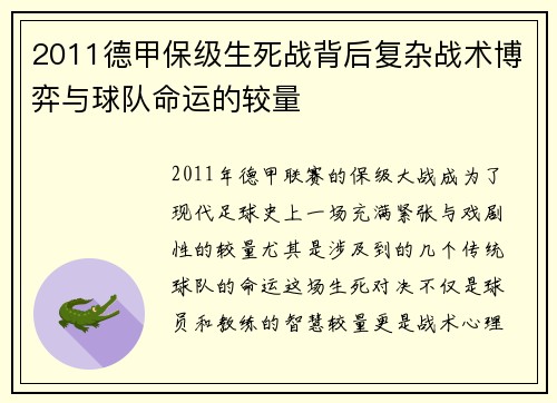 2011德甲保级生死战背后复杂战术博弈与球队命运的较量
