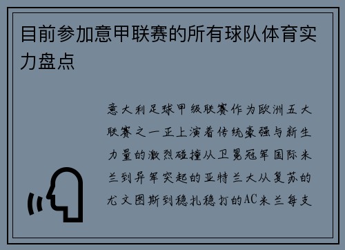 目前参加意甲联赛的所有球队体育实力盘点